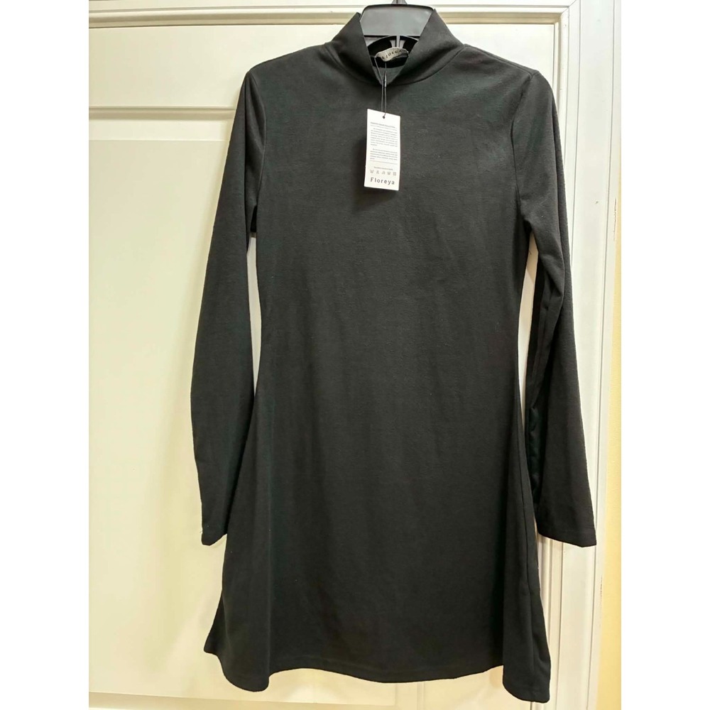 Floreya Womens Black Mock Neck Long Sleeve Swing Dress Tunic Minimalist NWT